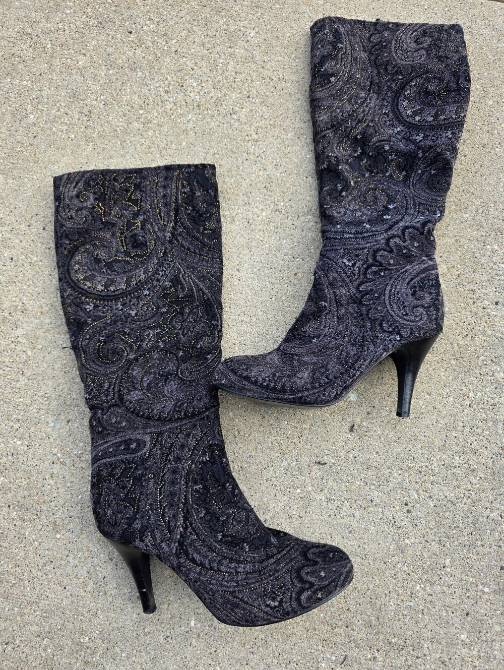 Vintage Diba Paisley Glitter Knee High Boots Tapestry Burnout Y2K 90s 7M Whimsi